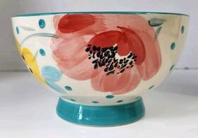2915dzu The Pioneer Woman Vintage Bloom With Polka Dots Turquoise Stoneware Footed Bowl