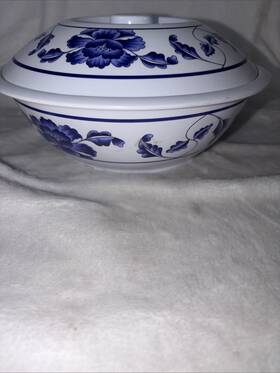 Thunder Group 8010 Tar Hong Bl Melamine Serving Bowl Lid Blue White Floral Euc
