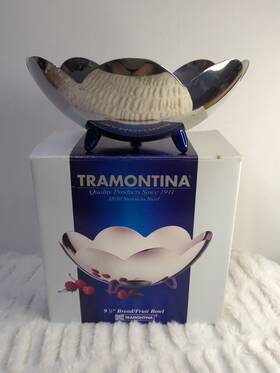Tramontina 016017009035 Stainless Steel Bread Fruit Bowl 9.5 Inch Silver Mirror Finish Blue Feet