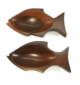 69488-04 Tropeco Trop Eco Hawaii Monkeypod Hardwood Nut Dish Fish Shape Bowls Set Of 2