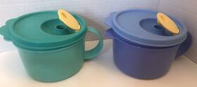 3155b-2 Tupperware Set Of 2 16oz Soup Mugs #3155b-2 Bl And -3 Gr With Rocker Lids Euc