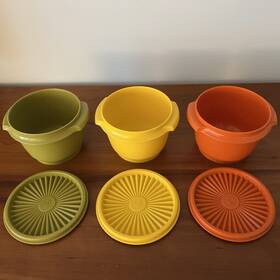 Servalier-5 Tupperware 886-21 Lot Vintage Inch Orange Green Gold Harvest Sunburst Lid 886
