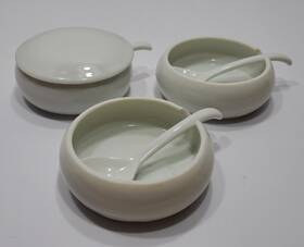 Unmarked-wh3a2 Unmarked Vtg Ceramic Condiment Sugar Sauce Bowls 3 Dishes Spoons 1 Lid