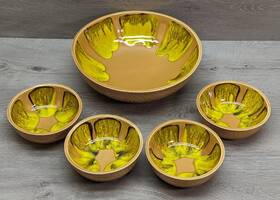 613-b Usa Vtg Mcm California Pottery Salad Bowl Set 5 Pc. Funky Yellows Retro
