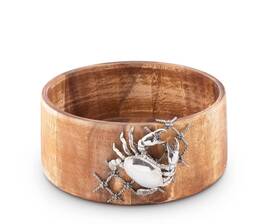 Vagabond House 848324029570 Large Acacia Wood Salad Bowl With Pewter Crab In Net Accent Oc