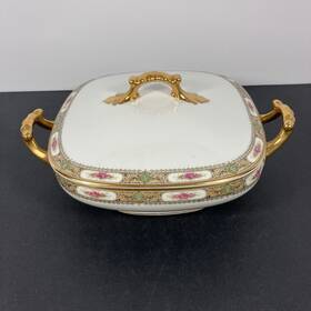 Vig7 Vignaud Limoges Antique Covered Vegetable Dish Roses Gold Bamberger Nj