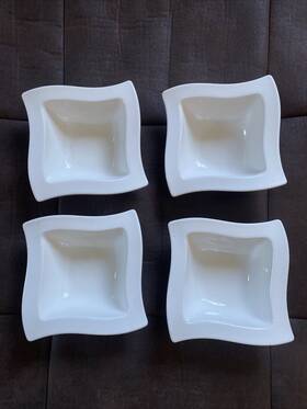 10-2525-1909 Villeroy & Boch Set 4 And New Wave Salad Soup Serving Bowls 6.5 Inch Square Germany