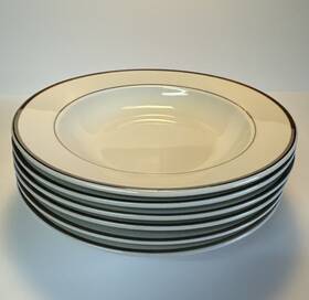 Wp02 Wallace Set Of 6 Vintage Porcelain Flat Rim Soup Bowl White Platinum Ring 8.5 Inch