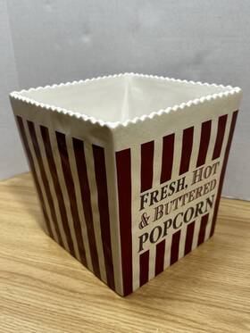 2011ceramic Williams-sonoma Popcorn Box Bowl Tub Bucket Large Red White Stripes