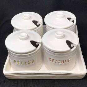 61-8042426 Williams-sonoma Bbq Condiment Jar Set Ketchup Mustard Relish Mayo &tray