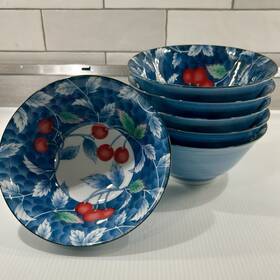 Ws022 Williams-sonoma 1990s Large 2.75 Inch T Footed Rice Bowl Cherries Set Of 6