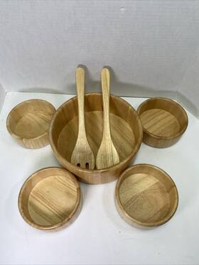 98710 Winsome Vtg Nib Wood 7 Piece Solid Salad Bowl Set Natural