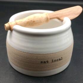 48500170e Wooden Mudpie Stoneware Inch Eat Local Dip Bowl With Knife Set