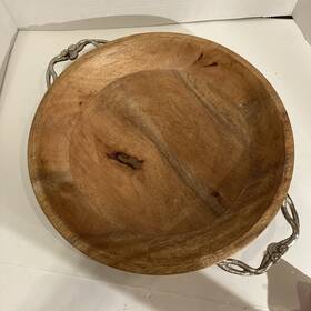 A500-shd Wooden Large Serving Bowl Silver Handles