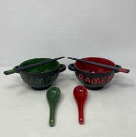 Gdsb2l1 World Market Rbs Rb G R 17oz Ram Red And Green Ceramic Ramen Bowl Set Of 2 With Chopsticks Spoons 17.5