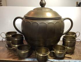 Mt1045 Wurttembergische Metallwarenfabric Wmf Antique Art Nouveau Brass Punch Bowl/tureen With 11 Cups Marked Germany