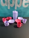 Tupperware Play Set Kids Mini Mugs Bowls And Push Button Pitcher Pink Purple. Fixed Price $41.99.