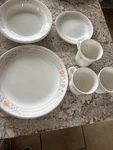 Vintage Corelle Apricot Grove Dinner, Pasta Bowls, Side Plates & Cups 3 EA/12 Pc. Fixed Price $45.00.