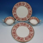 Wedgwood Bone China - Red Damask 2 Luncheon Plates And Cream Soup Bowls. Fixed Price $49.00.