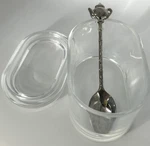 Clear Glass Oval Sugar Bowl And Lid W/ Vintage Leeber Elegance Teapot Spoon. Fixed Price $5.00.