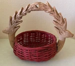 Vintage Red Wicker Basket Solid Wood Carved Deer Handle Cottage Christmas Decor. Fixed Price $24.99.