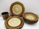 Gibson Elite Brandia Brown Swirl 4 Soup Bowls 1 Mug Luncheon/salad Plates 9PC. Fixed Price $28.00.