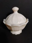 Vintage Imperial Custard Satin Glass Candy Bowl Footed Compote & Lid Mcm 4.75". Fixed Price $25.00.