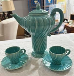 Vintage Franciscan Ware Usa Aqua Coffee Tea Pot & 2 Demitasse Cups W/saucers. Fixed Price $109.99.