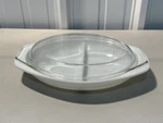 Pyrex #1063 Milk White Divided Serving Oval Bowl With Clear Glass Lid 1.5 Quarts. Fixed Price $20.00.