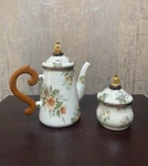 1995 Camp Mackenzie Child Ltd. Beige Floral Enamelware 2PC Tea Pot And Sugar. Fixed Price $95.00.
