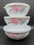Vintage Gmi Enamelware Nesting Bowls, Iris Floral Pattern, Set Of 3, New. Fixed Price $46.00.