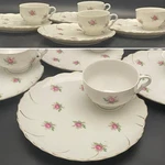 Enesco Gold Trimmed Pink Roses Shell 8PC Luncheon Snack Set For 4 C1970S Japan. Fixed Price $36.00.