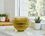 Federal Amber Golden Glow Glass Ribbed Mixing Bowl Set Of 4 - Square Bottoms. Fixed Price $34.94.