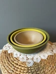 Pampered Chef Bamboo Nesting Mixing Bowls Set 3 Green Yellow Tan Retired #1747. Fixed Price $20.00.