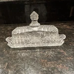 Vintage Pressed Glass Covered Butter Dish Diamond Cut Floral Pattern. Fixed Price $28.00.