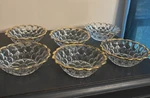 Set Of 6 Jeannette Clear Glass Circle Thumbprint Berry Dessert Bowls Gold Trim. Fixed Price $22.00.