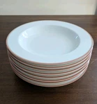 Dansk Tapestries Damask Larsen Red/tan Edge Rimmed White Soup Bowls - Set Of 4. Fixed Price $28.00.