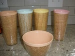 Lot Of Vtg Burlap Ratan Set 4- 6" X 3" Tumbler Cups & 1- 4.5" Bowl (M52). Fixed Price $24.99.