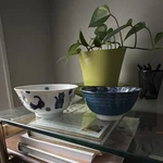 Vintage Mino 2-PIECE Blue White Cat Pattern Ceramic Rice Bowl Set, Glossy Japan. Fixed Price $45.00.