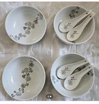 Set Of 4 Asian Style Parchment Color Floral 20 Oz Bowls Rice Cereal Soup. Fixed Price $49.99.