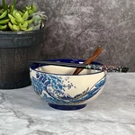6 1/4" Japanese Waves Blue Beige Ramen Noodle Soup Bowl Gift Set. Fixed Price $28.99.