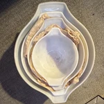 Pyrex Cinderella Edition Mixing Bowl Set 4 White Brown Glass Nesting 1960S. Fixed Price $222.00.