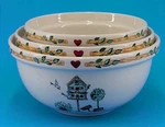 3 Thompson Pottery Birdhouse Nesting Mixing Bowl Set Cottage Garden Design. Fixed Price $34.89.