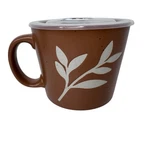 Boston Souper Mug With Lid, 24 Oz. Leaves Stoneware Microwaveable Bowl Tan Brown. Fixed Price $11.99.