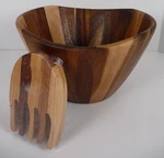 Lipper Acacia Wood Serving Bowl Large W/ New Salad Servers Wave Edge Euc. Fixed Price $29.95.