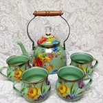 Mackenzie Childs Green Flower Market Enamelware 2 Qts Tea Kettle With 4 Mugs. Fixed Price $499.95.