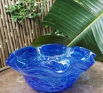 Beautiful Art Glass Hand Blown Bowl Ruffle Rim Large Blue Swirl 16" Across. Fixed Price $150.00.