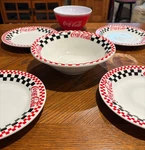 Coca-cola Diner Checkered Dinnerware Set Plates & Bowls Retro 50S Style Lot. Fixed Price $10.00.