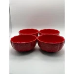 Pioneer Woman Red Stoneware Fruit Bowls Scalloped Fleur-de-lis Set Of 4. Fixed Price $24.00.