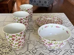 Katie Alice Cottage Flower Pink Fine Porcelain Mugs, Bowl & Dessert Plate. Fixed Price $70.00.